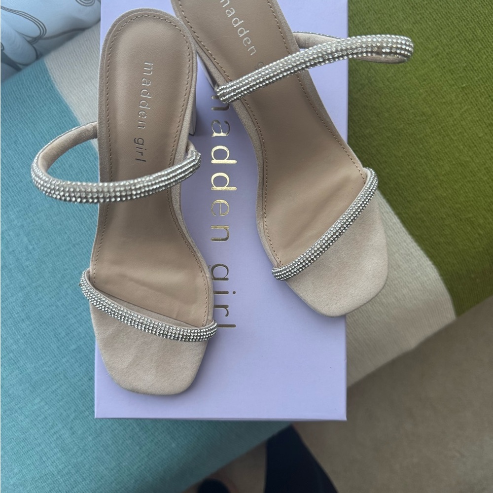 Madden Girl Beige Rhinestone Strap Heels